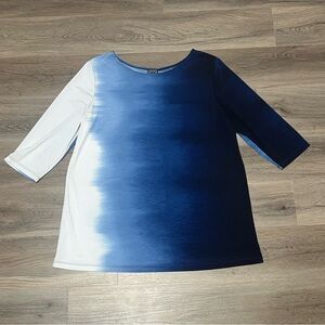 Clara Sun Woo Small Blouse Blue White 3/4 Sleeve Slinky Artsy Lagenlook USA Made